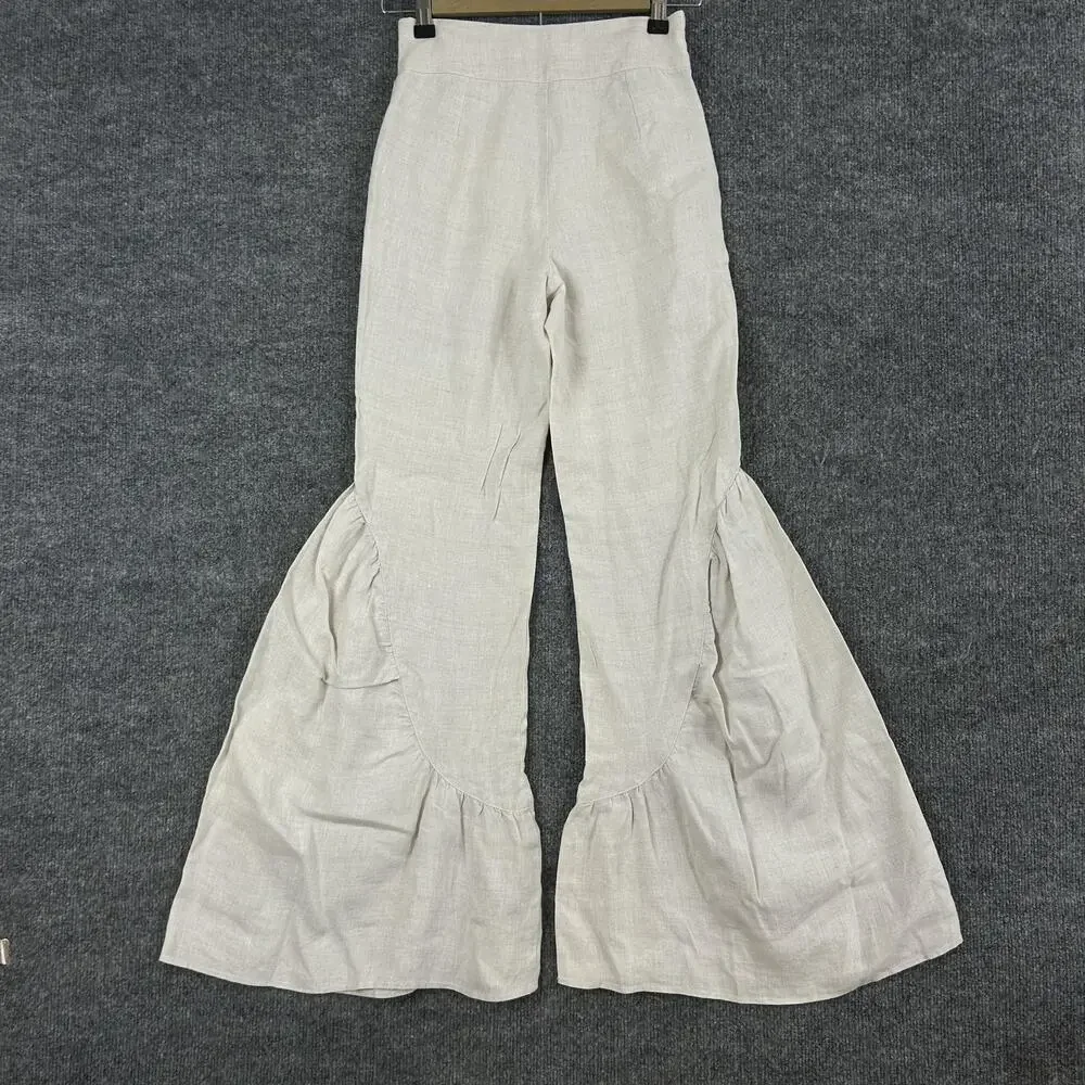 Lanhtropy Pants XS Gypsy Linen Denim Flare Ruffle High Waist Beige Boho Hippie - Picture 5 of 13